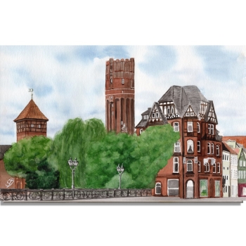 Stretcher frame canvas 40 x 30 cm Watercolor Art Print Luneburg Heath Heathland Landscape Watertower